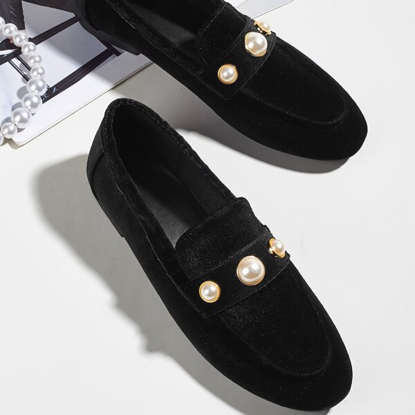 

Faux Pearl Decor Loafers, Black