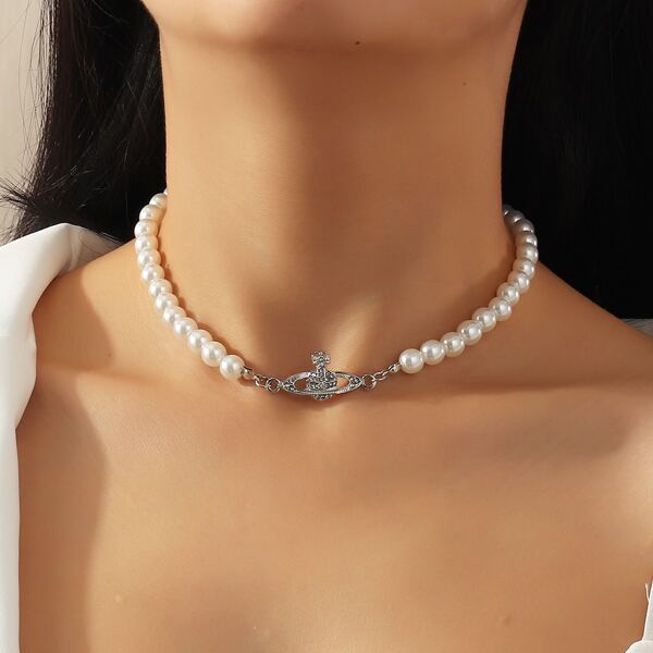

Rhinestone Planet Charm Faux Pearl Beaded Necklace, White
