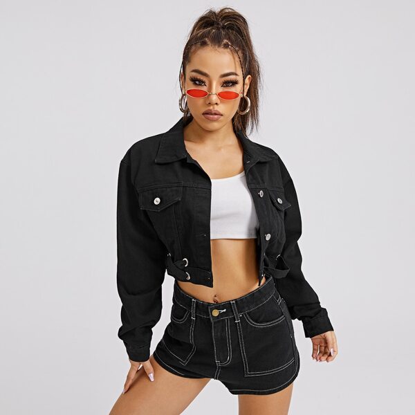

Solid Button Through Crop Denim Jacket, Black