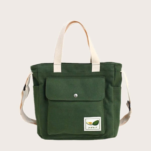 

Cartoon Patch Pocket Front Tote Bag, Green