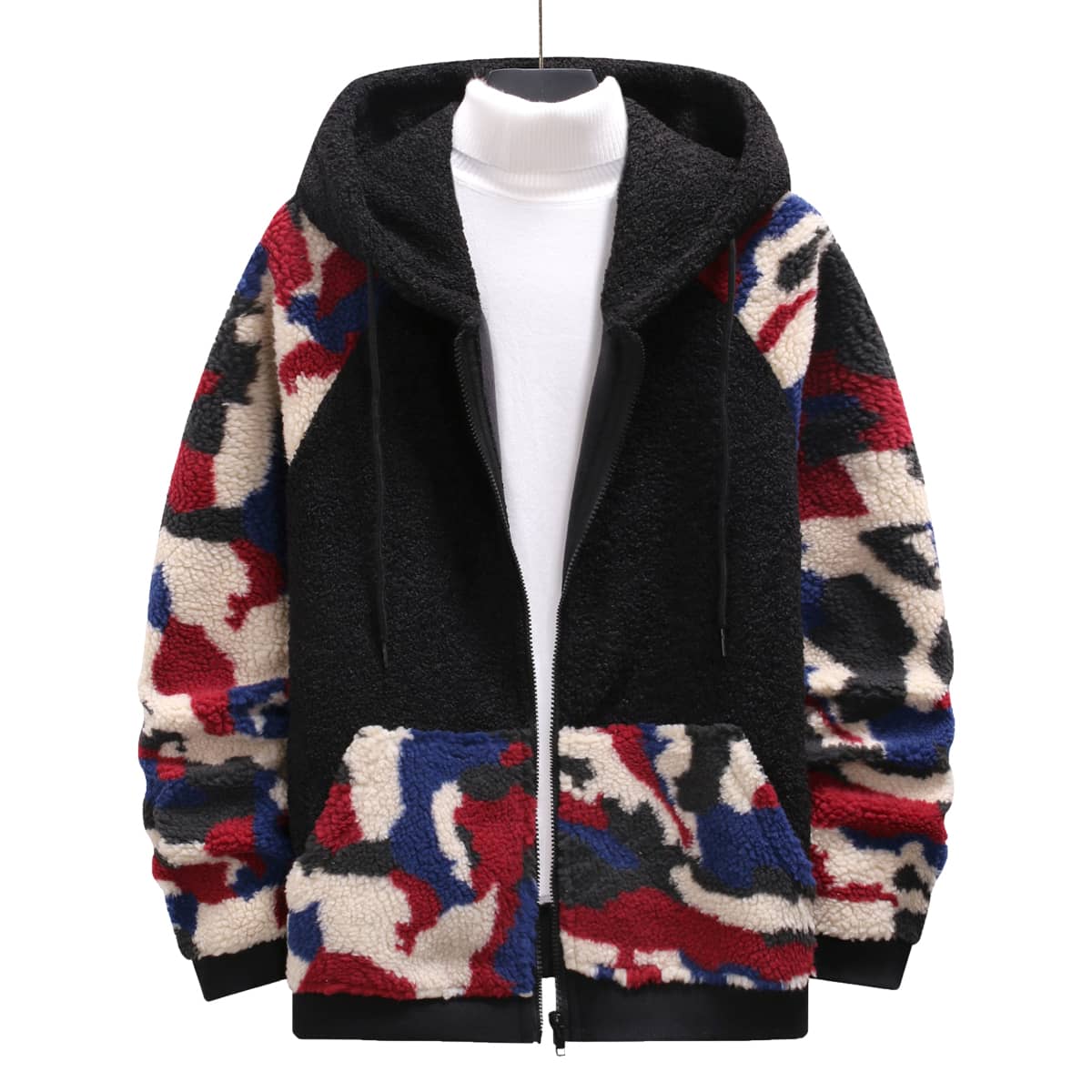 

Guys Colorblock Zip Up Teddy Jacket, Black