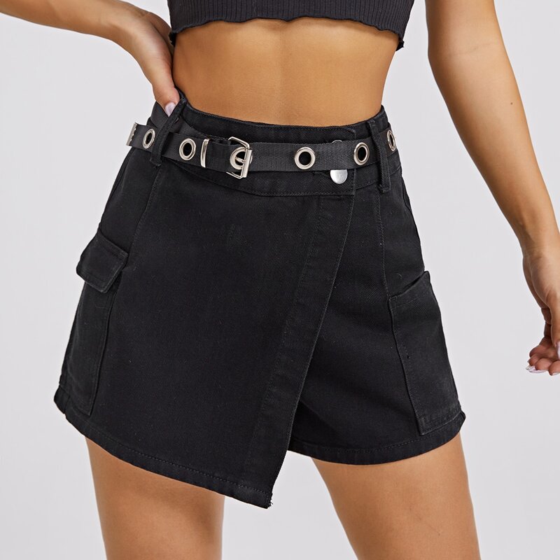 

Flap Pocket Denim Skorts Without Belt, Black