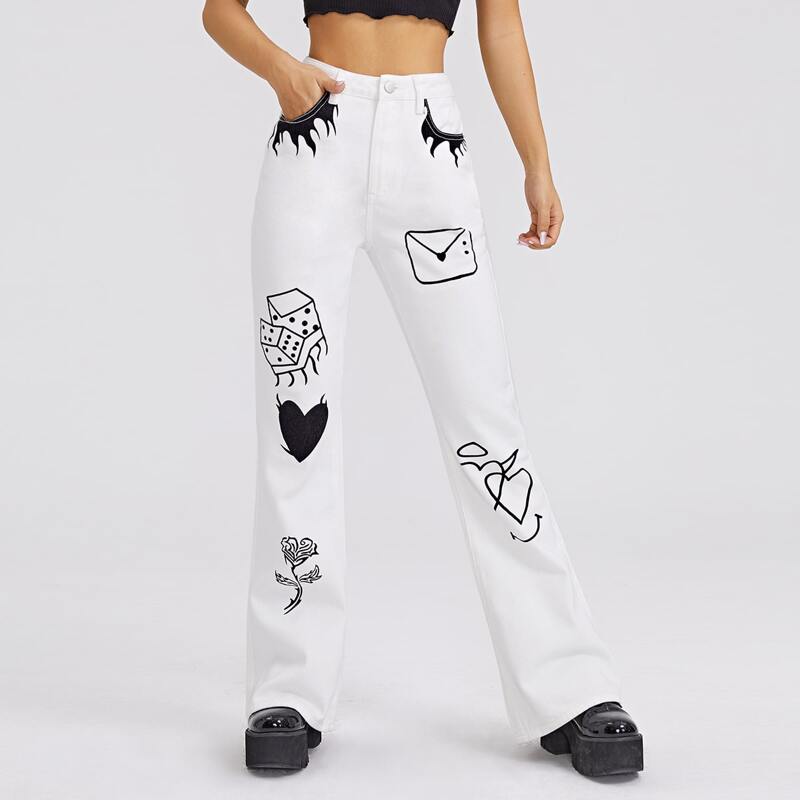 

High Waist Floral & Heart Print Jeans, White