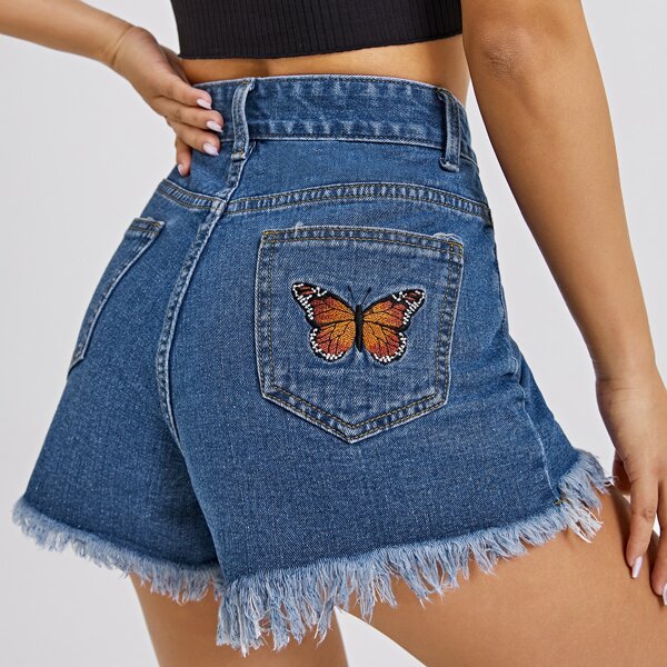 

Butterfly Embroidered Raw Hem Denim Shorts, Medium wash