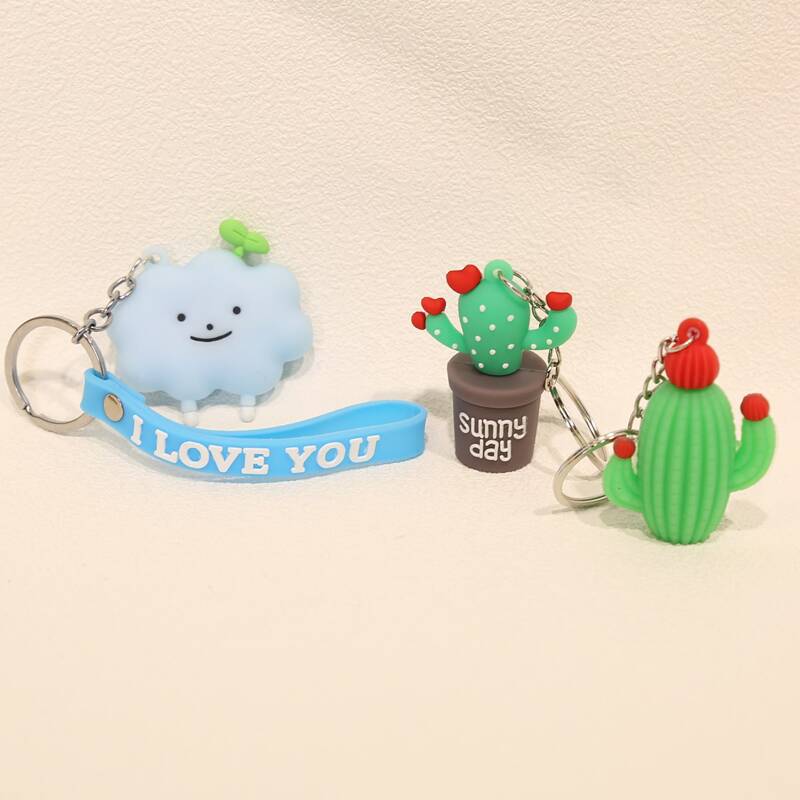 

3pcs Cartoon Cloud & Cactus Keychain, Multicolor