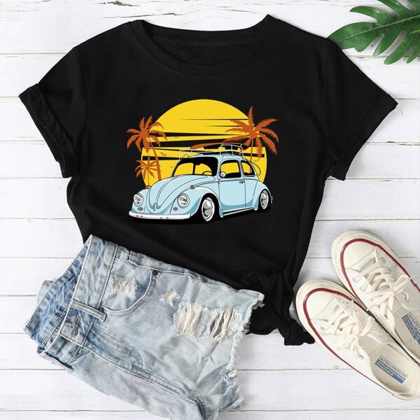 

Car And Tropical Print Tee, Black