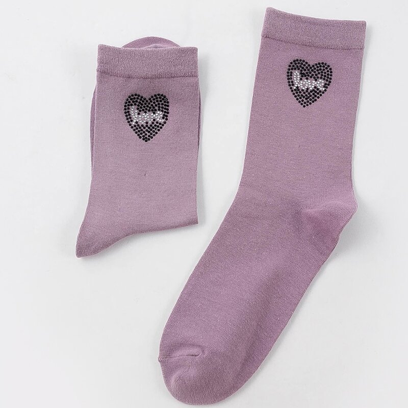 

1pair Rhinestone Heart Crew Socks, Purple