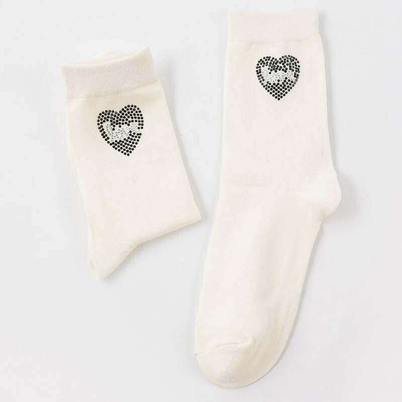 

1pair Rhinestone Heart Crew Socks, White