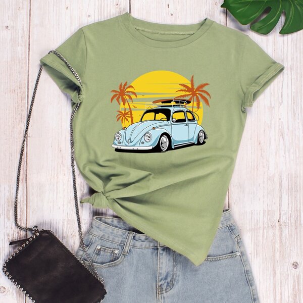 

Car And Tropical Print Tee, Army green