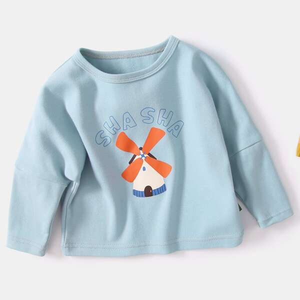 

Baby Boy Cartoon And Letter Graphic Tee, Baby blue