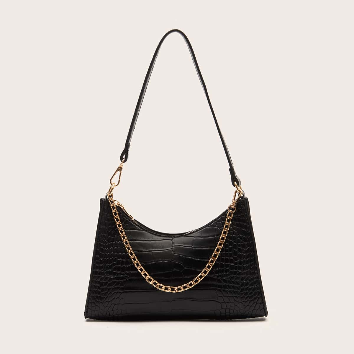 

Croc Embossed Chain Shoulder Bag, Black
