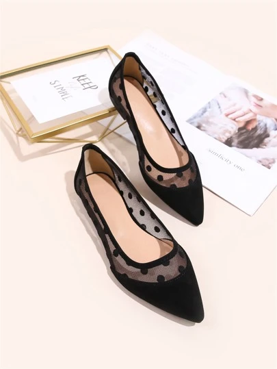 2025 Autumn Women Polka Dot Decor Contrast Mesh Point Toe Ballet Flats, Fashionable Black Dancing Shoes