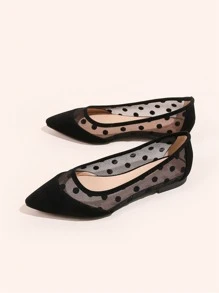 Women Polka Dot Decor Contrast Mesh Point Toe Ballet Flats, Fashionable Black Dancing Shoes