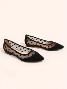 Women Polka Dot Decor Contrast Mesh Point Toe Ballet Flats, Fashionable Black Dancing Shoes