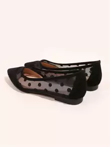 Women Polka Dot Decor Contrast Mesh Point Toe Ballet Flats, Fashionable Black Dancing Shoes