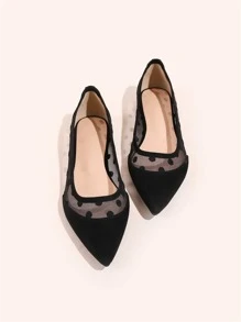 Women Polka Dot Decor Contrast Mesh Point Toe Ballet Flats, Fashionable Black Dancing Shoes