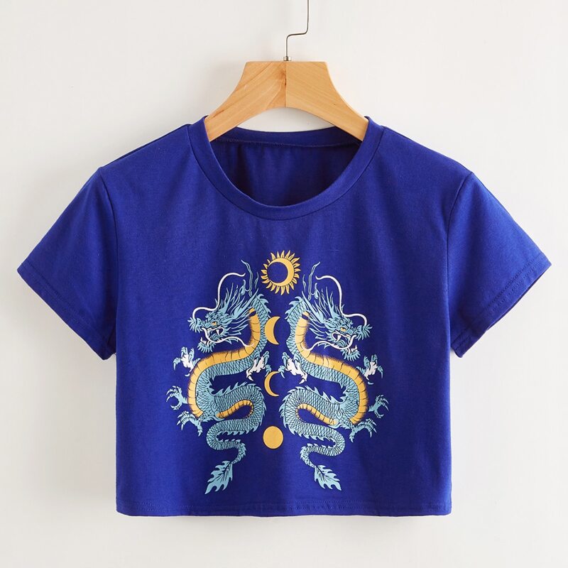

Chinese Dragon Graphic Crop Tee, Royal blue