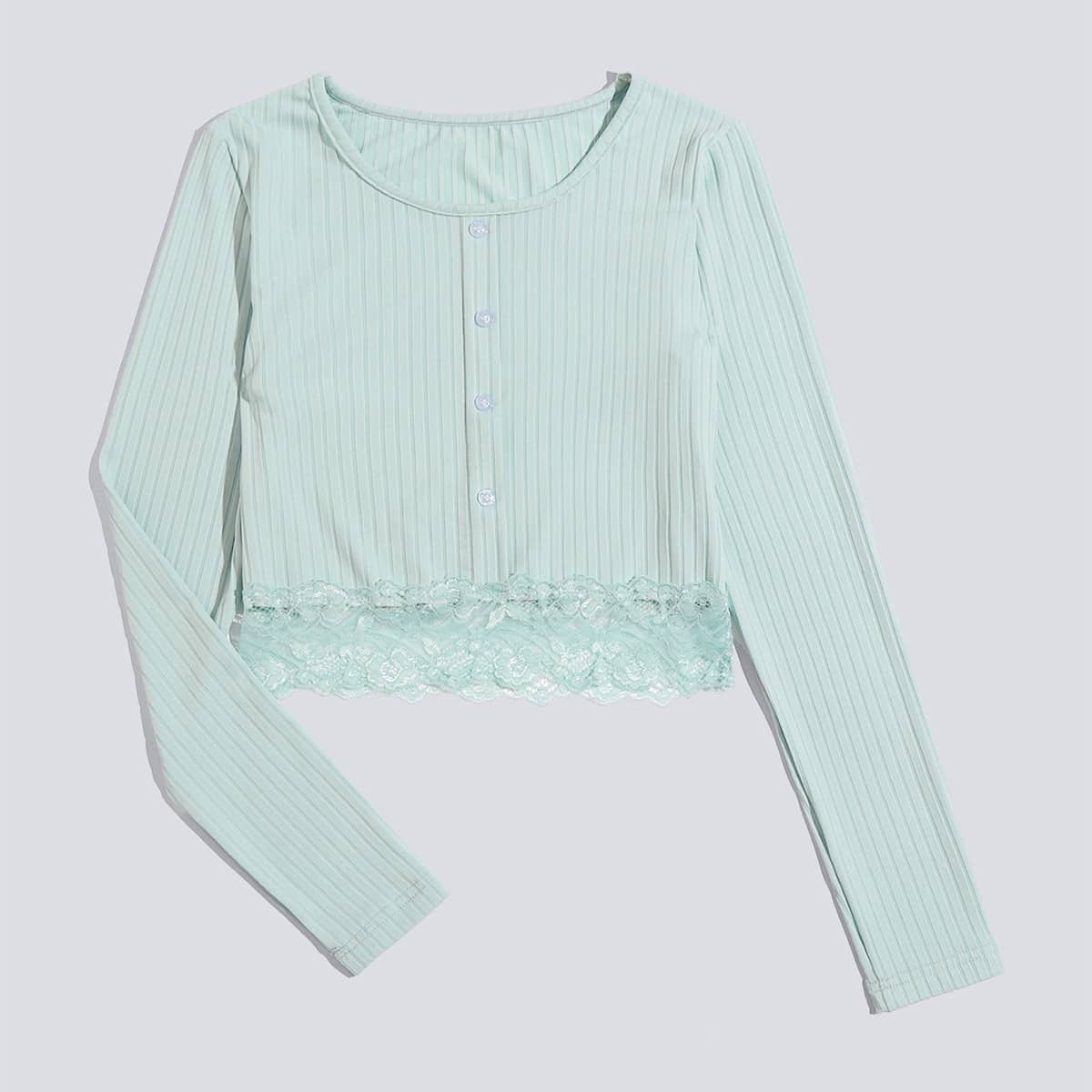

Solid Contrast Lace Ribbed Crop Tee, Mint green