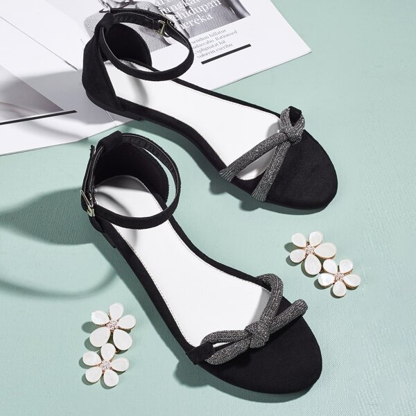

Knot Design Ankle Strap Flat Sandals, Black