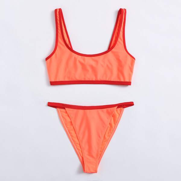 

Contrast Binding Tanga Bikini Swimsuit, Coral orange