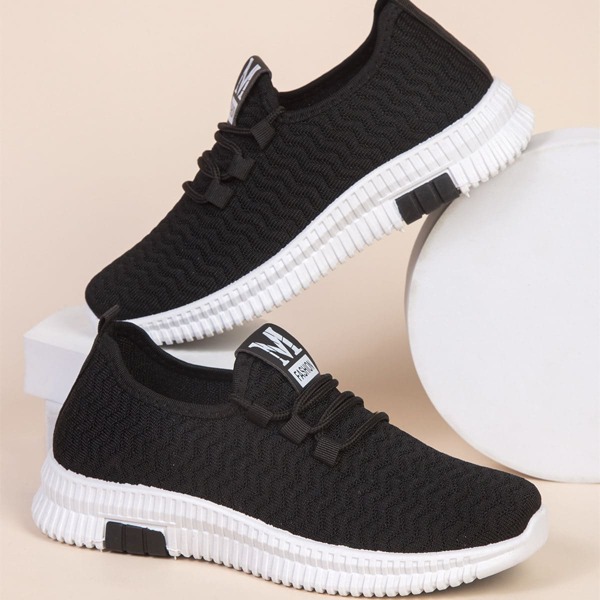 

Lace-up Decor Knit Sneakers, Black and white