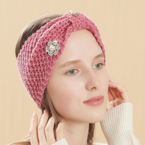 

Rhinestone Flower Decor Knit Headband, Pink