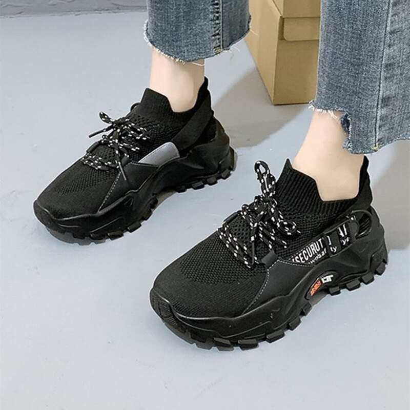

Letter Buckle Lace-up Knit Chunky Sneakers, Black