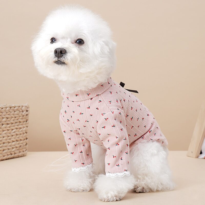 

Cherry Print Bow Decor Pet Tee, Baby pink