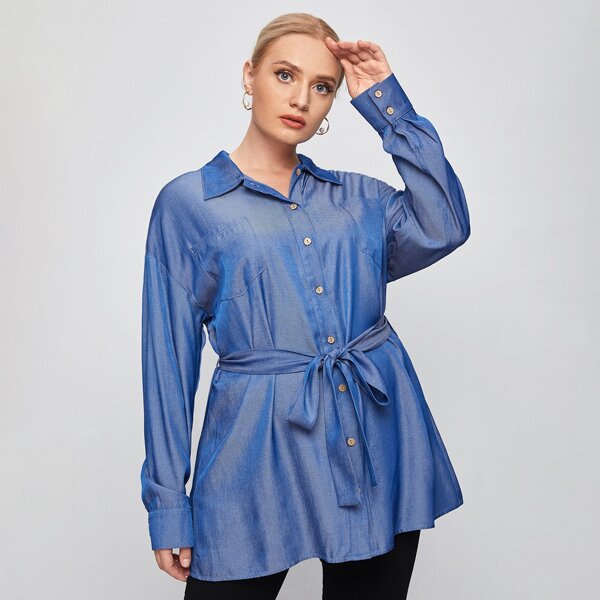 

Plus Single Breasted Pocket Front Belted Denim Blouse, Medium wash