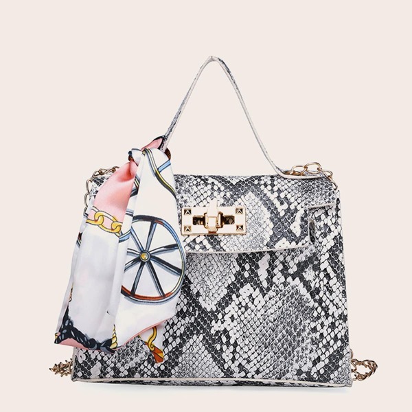 

Twilly Scarf Decor Snakeskin Print Square Bag, Black