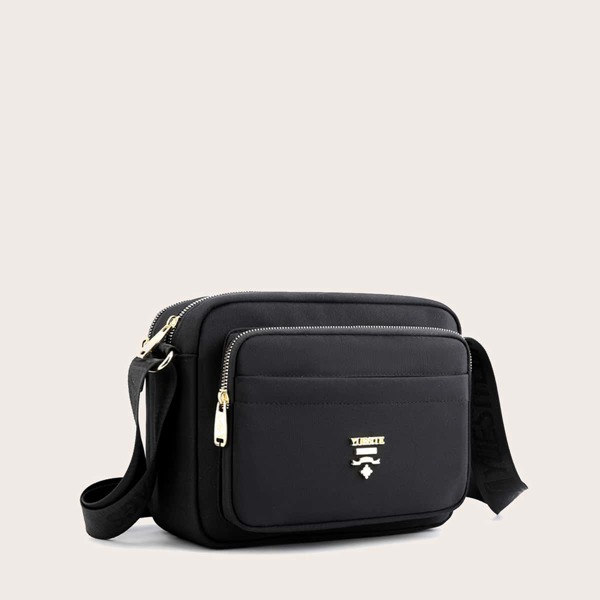 

Metal Decor Zipper Crossbody Bag, Black