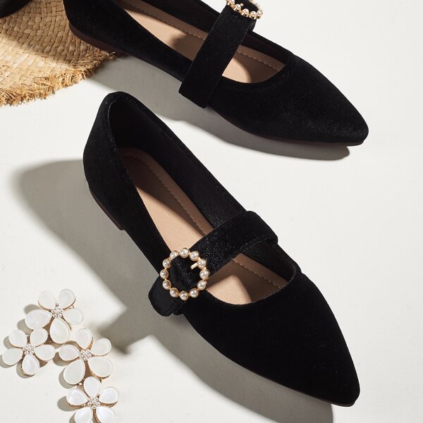 

Point Toe Faux Pearl Decor Flats, Black