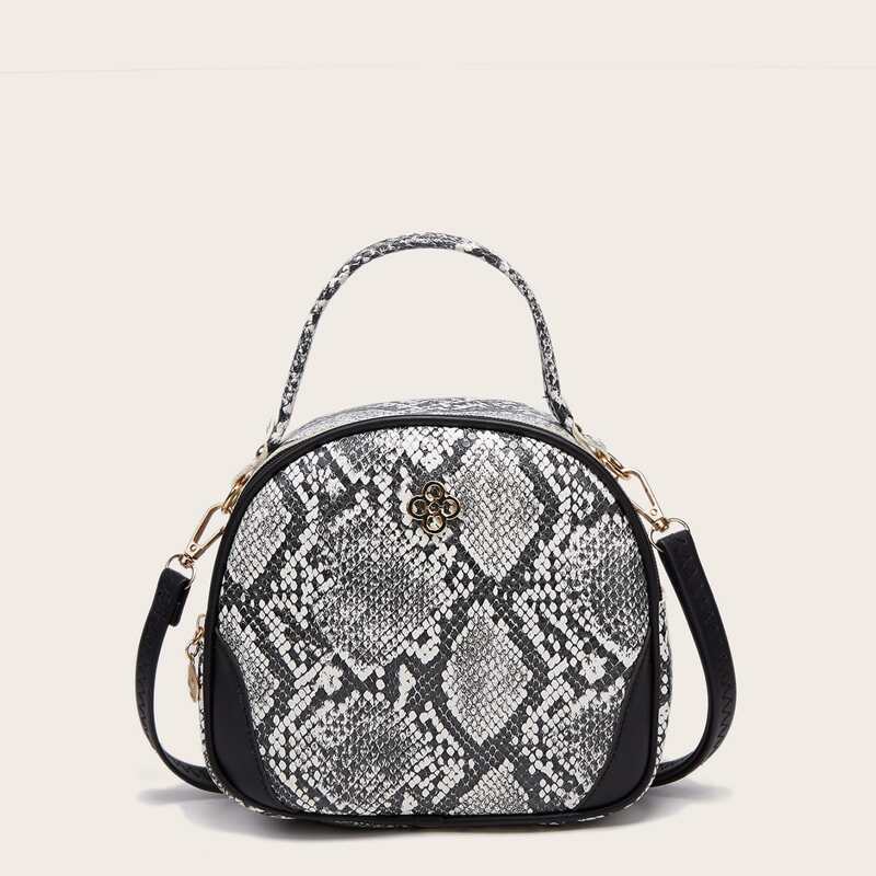 

Snakeskin Satchel Bag, Black and white