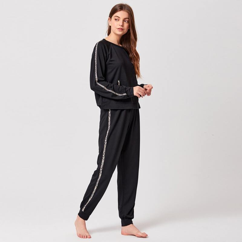 

Contrast Leopard Tape PJ Set, Black
