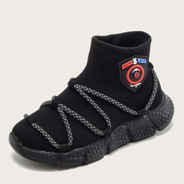 

Girls Lace-up Decor Knit Sneakers, Black