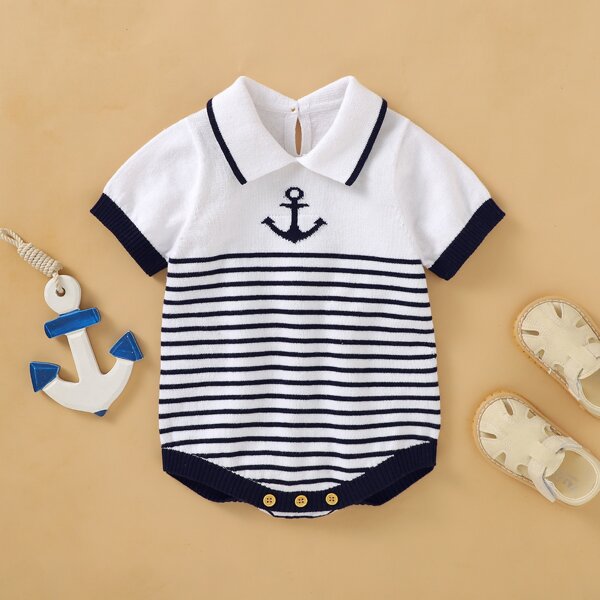 

Baby Boy Anchor And Striped Pattern Sweater Bodysuit, Blue and white