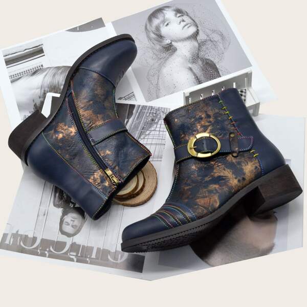 

Buckle Decor Stitch Detail Side Zip Boots, Multicolor