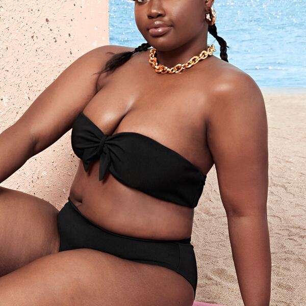 

Plus Knot Front Bandeau High Waisted Bikini Swimsuit, Black