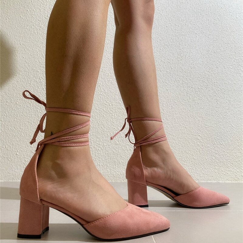 

Point Toe Mid Heeled Tie Leg Chunky Pumps, Pink