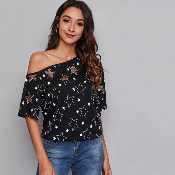 

Asymmetrical Neck Star Print Tee, Black