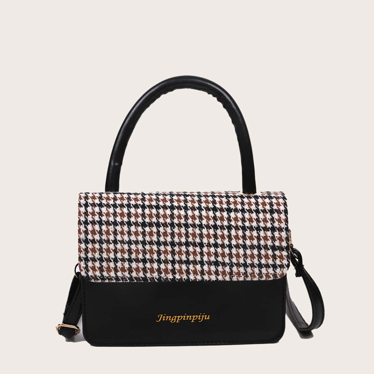 

Houndstooth Satchel Bag, Black