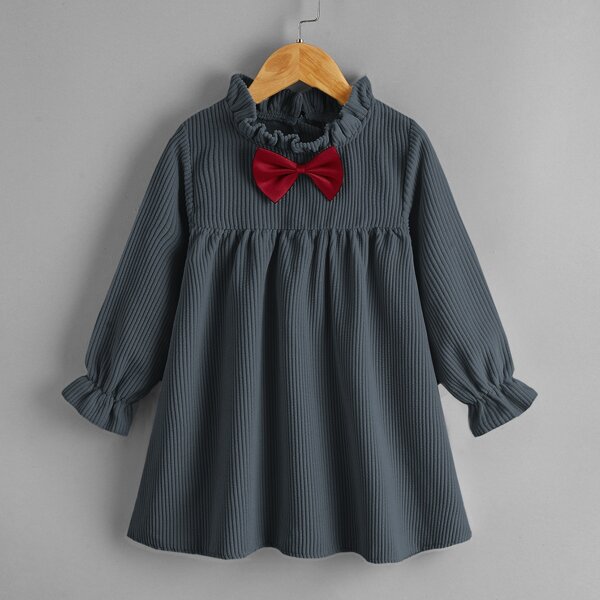 

Toddler Girls Frill Neck Bow Front Corduroy Dress, Dark grey