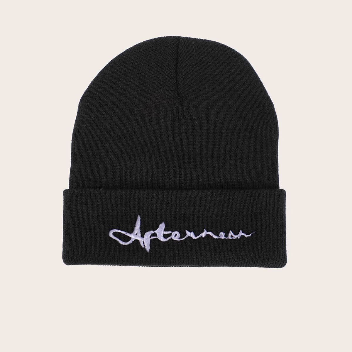 

Letter Embroidery Beanie, Black