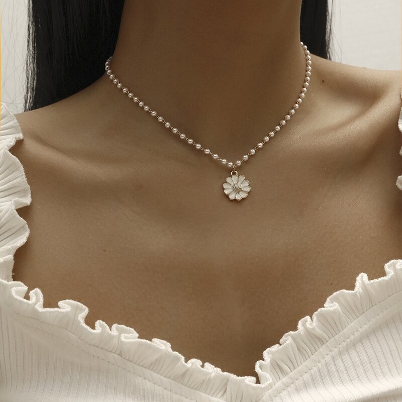 

Floral Faux Pearl Pendant Necklace, White