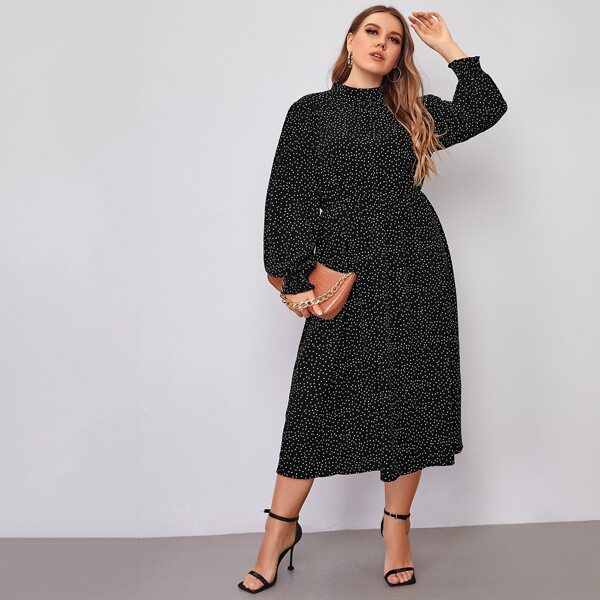 

Plus Polka Dot Mock Neck Keyhole Back Dress, Black
