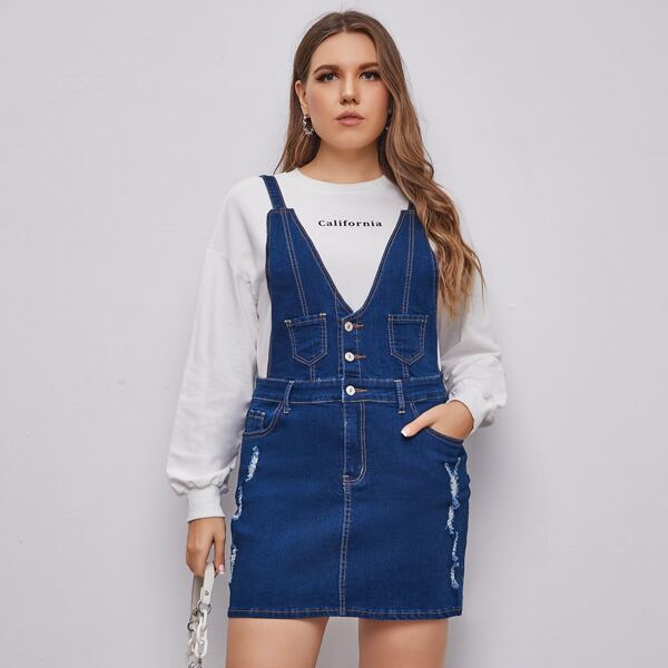 

Plus Ripped Detail Pocket Patched Denim Overall Dress, Dark wash