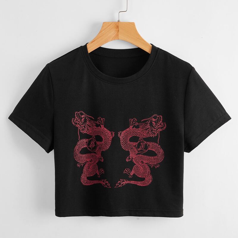 

Chinese Letter Dragon Graphic Crop Tee, Black