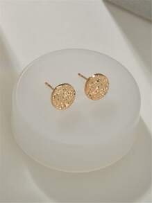 Textured Metal Stud Earrings - Yellow Gold - View 2