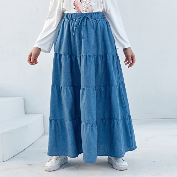 

Plus Tie Front Tiered Skirt, Blue
