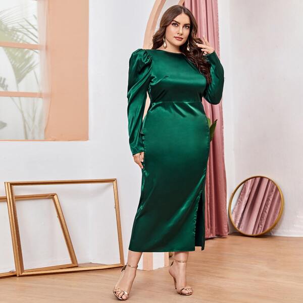 

Plus Tied Open Back Gigot Sleeve High Split Front Satin Dress, Dark green
